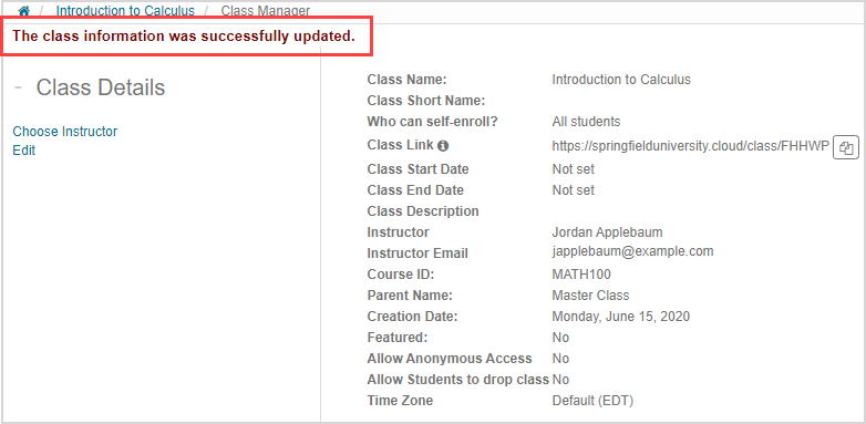 Message "The class information was successfully updated" on the Class Manager page and in the list on the right, No is next to Allow Anonymous Access.